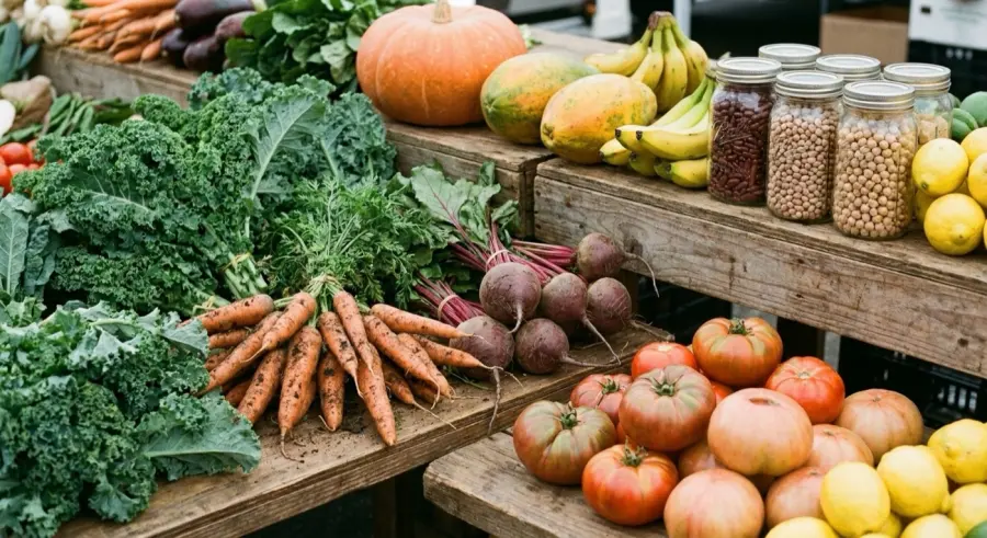 Comida de verdade da feira: folhas, raízes, leguminosas e frutas