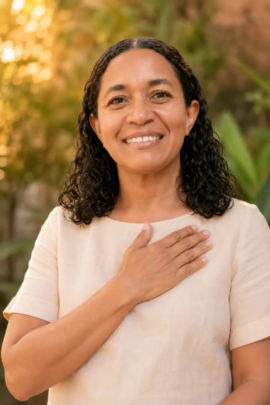 Maria do Rosário em retrato caloroso, com a mão no peito